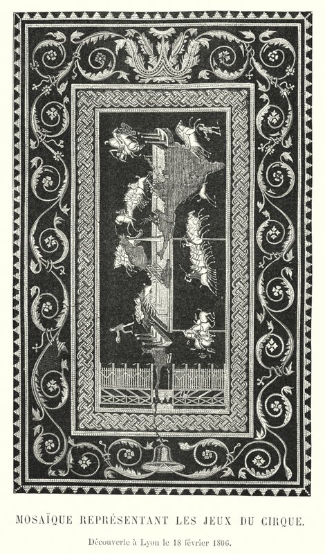Mosaikk som representerer sirkuslekene, oppdaget i Lyon 18. februar 1806 (gravering) av French School