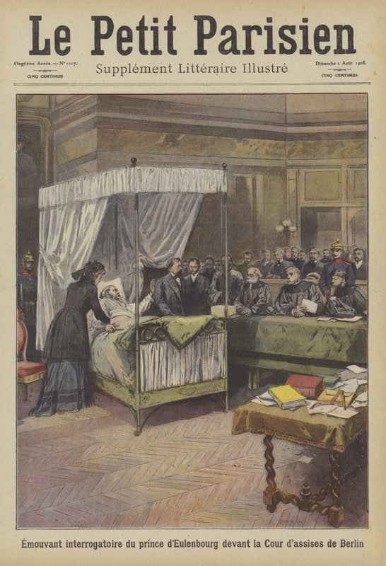 Rørende vitnesbyrd fra prinsen av Eulenburg i retten i Berlin (farge litho) av French School