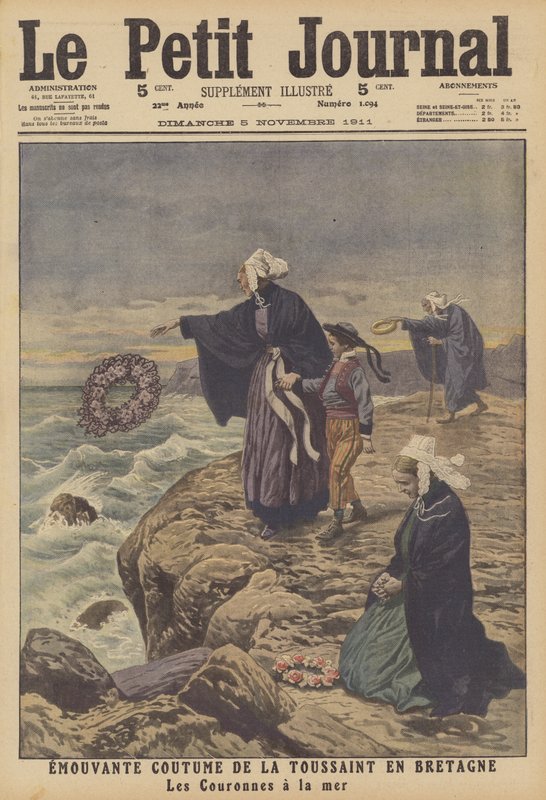 Bevegende tradisjon på allehelgensdag i Bretagne (farge litho) av French School