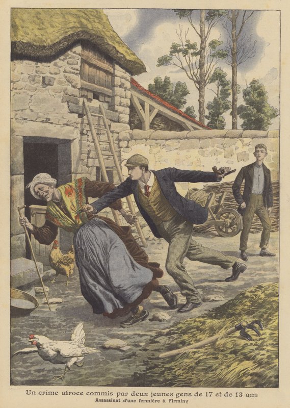 Drap på en bonde av to ungdommer på 17 og 13 år i Firminy, Frankrike (farge litho) av French School
