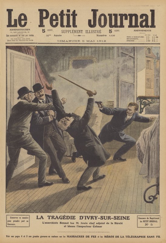 Drap på en senior politimann i Paris av en anarkist i Ivry-sur-Seine (farge litho) av French School