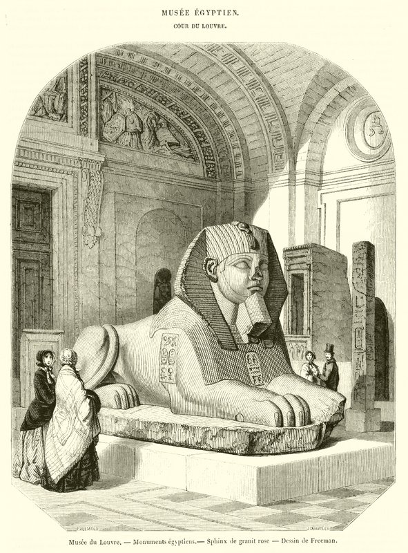 Louvre-museet, egyptiske monumenter, rosa granitt-sfinks (gravering) av French School