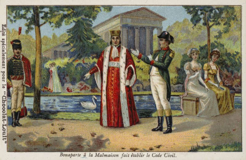 Napoleon Bonaparte oppretter Napoleon-koden ved Chateau de Malmaison, Frankrike, 1804 av French School