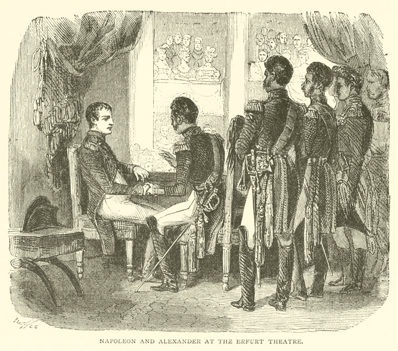 Napoleon og Alexander ved Erfurt Theatre (gravering) av French School