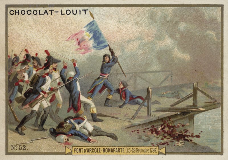 Napoleon i slaget ved broen over Arcole, Italia, franske revolusjonskriger, 15.–17. november 1796 av French School