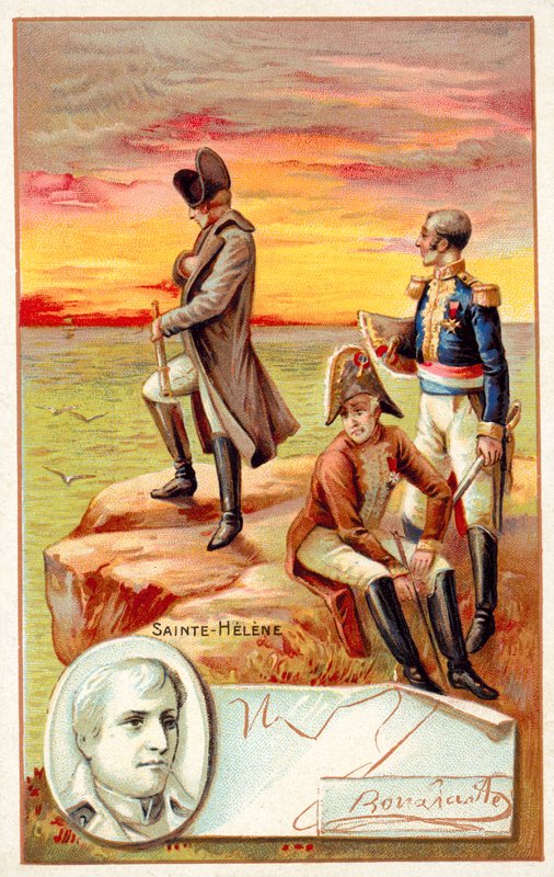 Napoleon i eksil på St. Helena (chromolitho) av French School