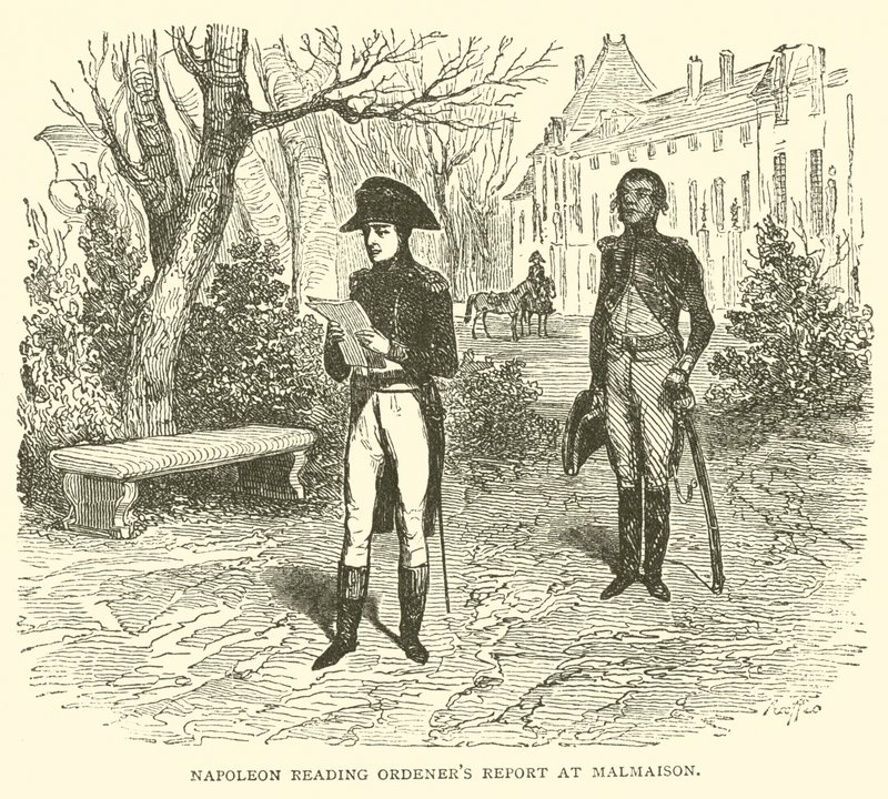 Napoleon leser ordeners rapport ved Malmaison (gravering) av French School