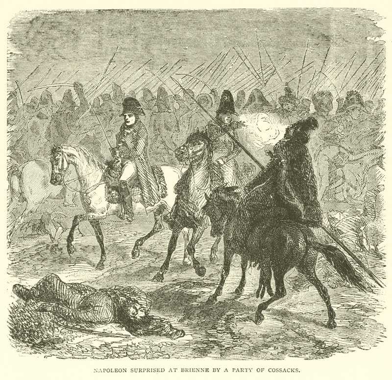 Napoleon overrasket Brienne av et parti kosakker (gravering) av French School