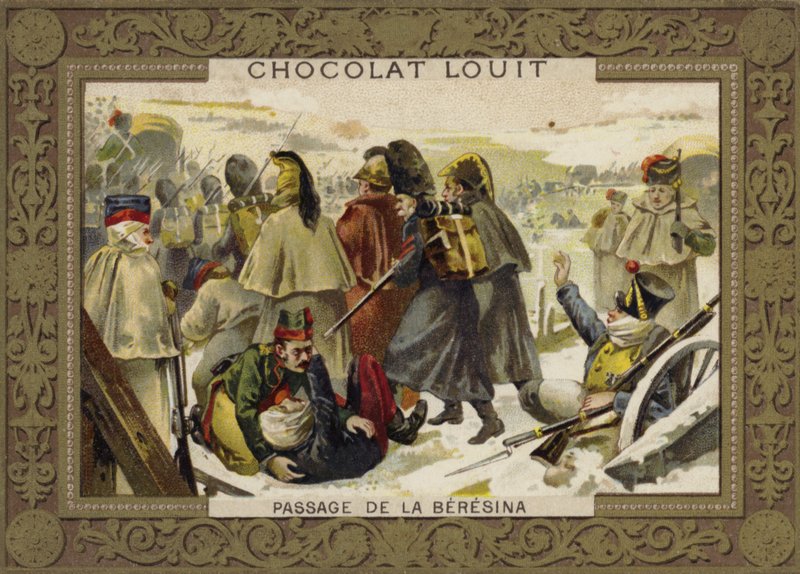 Napoleons Grande Armee krysser elven Berezina på retrett fra Russland, 1812 av French School