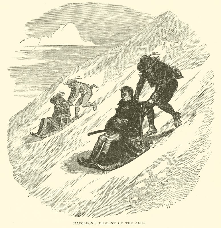 Napoleons nedstigning av alpene (gravering) av French School