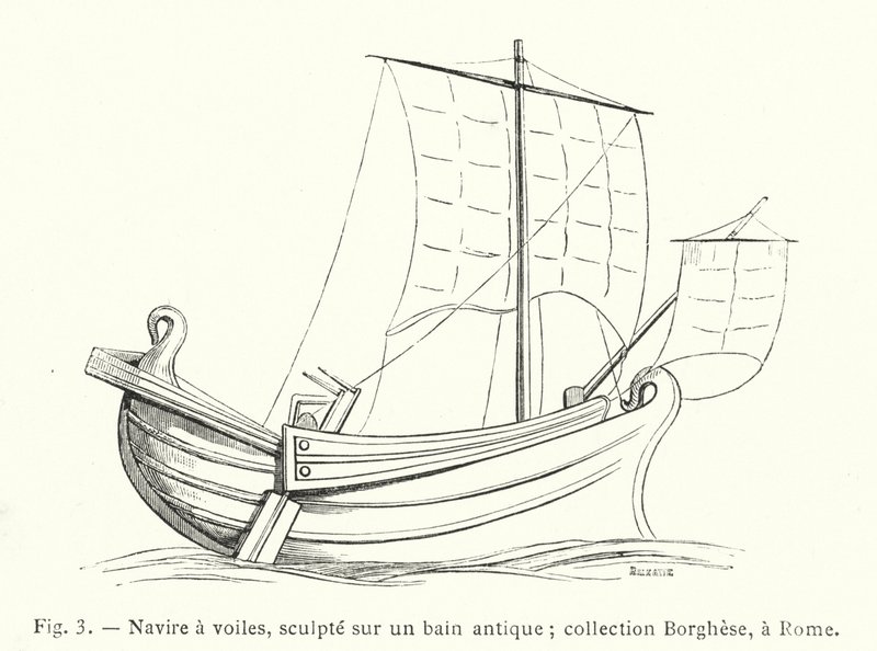 Seilfartøy, skåret på et antikt bad; Borghese-samlingen, i Roma (gravering) av French School