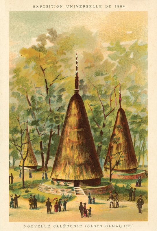 Ny-Caledonia (Kanak-hytter), Exposition Universelle 1889, Paris (chromolitho) av French School