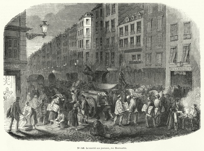 Avismarked, Rue Montmartre, Paris (gravering) av French School
