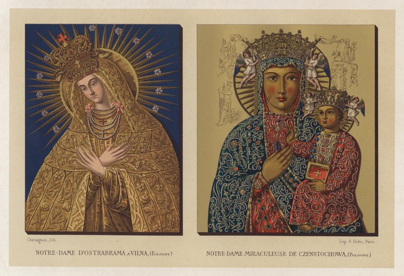 Vår Frue av Ostrabrama i Vilna, Polen; Our Lady Miraculous of Czenstochowa, Polen (chromolitho) av French School