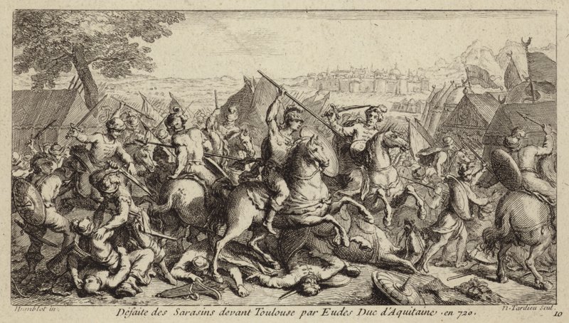 Odo, hertugen av Aquitaine, beseiret umayyadene i slaget ved Toulouse, 721 (gravering) av French School
