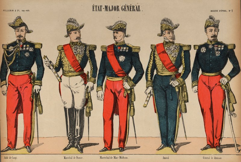 Offiserer for den franske generalstaben (farget gravering) av French School