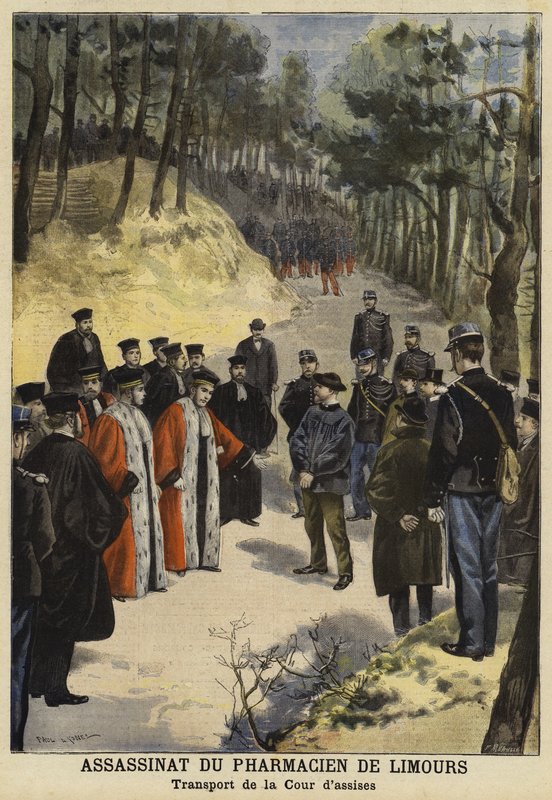 Rettsoffiserer som besøker åstedet for drapet på Kauffmann, en farmasøyt fra Limours, nær Royat, Frankrike, 1897 av French School