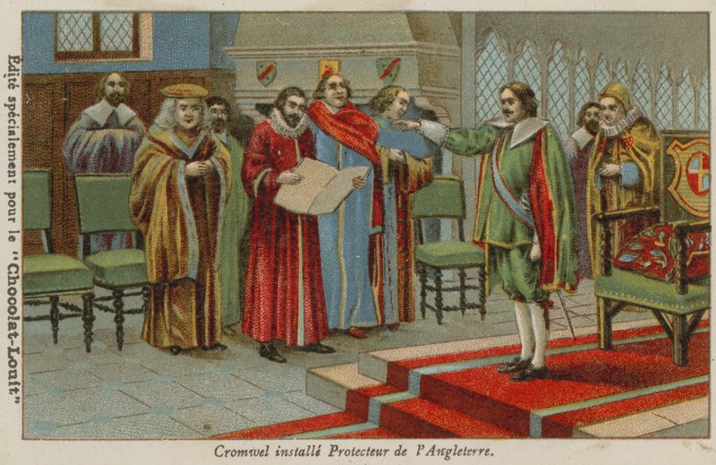 Oliver Cromwell sverget inn som Lord Protector av England, Skottland og Irland, 1653 av French School