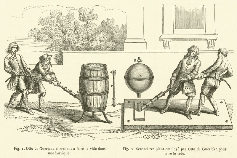 Otto de Guericke prøver å skape et vakuum i en tønne, andre mottaker brukt av Otto de Guericke for å lage et vakuum (gravering) av French School