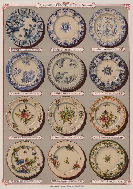 Side fra katalogen til Grand Depot de Porcelaines, Faiences et Verreries (farge litho) av French School