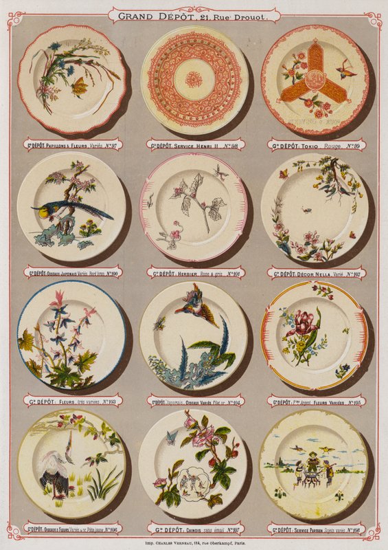 Side fra katalogen til Grand Depot de Porcelaines, Faiences et Verreries (farge litho) av French School