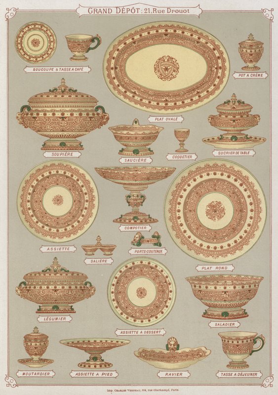 Side fra katalogen til Grand Depot de Porcelaines, Faiences et Verreries (farge litho) av French School
