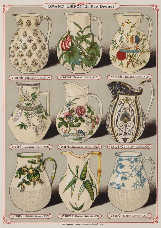 Side fra katalogen til Grand Depot de Porcelaines, Faiences et Verreries (farge litho) av French School