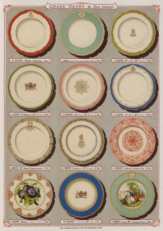 Side fra katalogen til Grand Depot de Porcelaines, Faiences et Verreries (farge litho) av French School