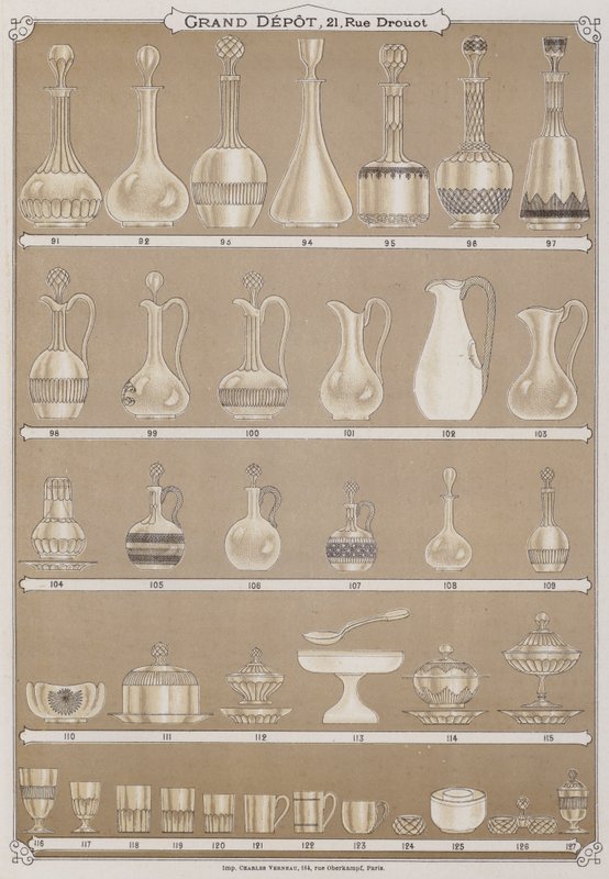 Side fra katalogen til Grand Depot de Porcelaines, Faiences et Verreries (farge litho) av French School