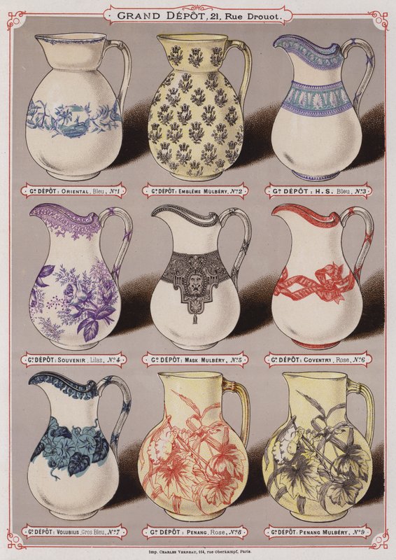 Side fra katalogen til Grand Depot de Porcelaines, Faiences et Verreries (farge litho) av French School