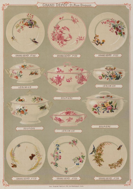 Side fra katalogen til Grand Depot de Porcelaines, Faiences et Verreries (farge litho) av French School
