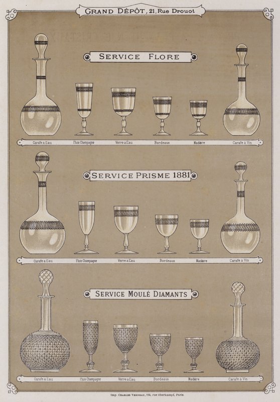 Side fra katalogen til Grand Depot de Porcelaines, Faiences et Verreries (farge litho) av French School