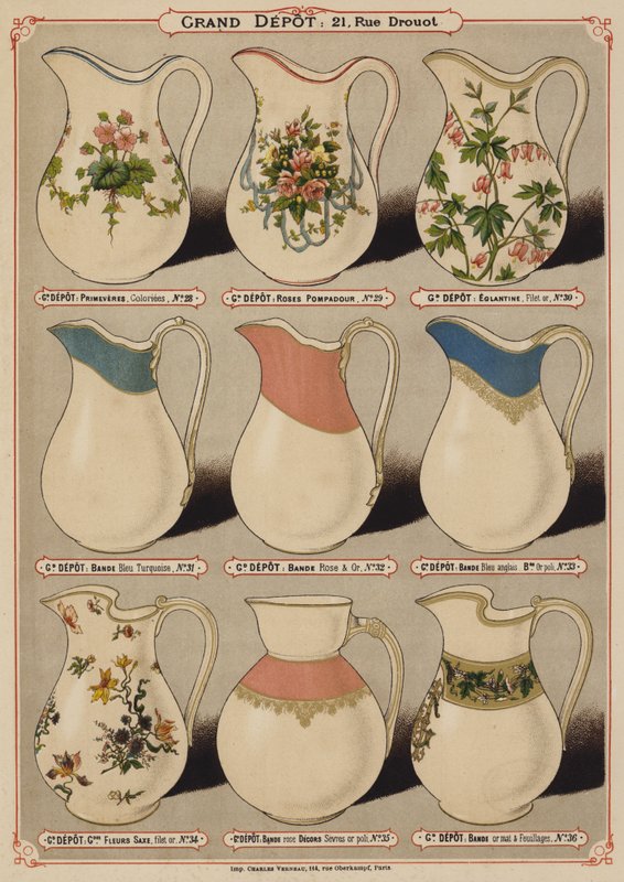 Side fra katalogen til Grand Depot de Porcelaines, Faiences et Verreries (farge litho) av French School
