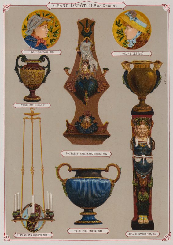 Side fra katalogen til Grand Depot de Porcelaines, Faiences et Verreries (farge litho) av French School