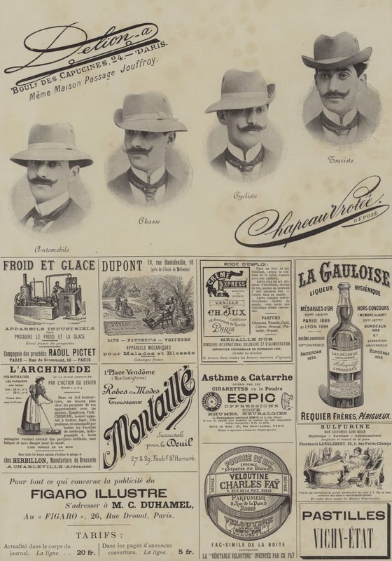 Side med annonser fra Le Figaro Illustre, desember 1897 (bilder) av French School