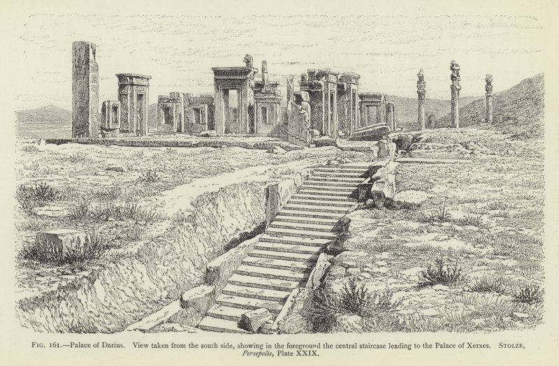 Palace of Darius, utsikt tatt fra sørsiden, viser i forgrunnen den sentrale trappen som fører til Palace of Xerxes av French School