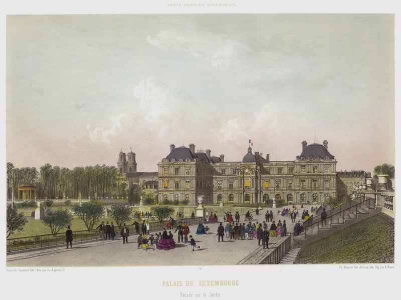 Luxembourg-palasset, fasade på hagen (farge litho) av French School