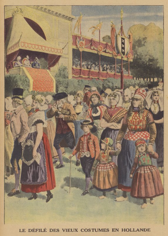Parade av tradisjonelle kostymer i Nederland (farge litho) av French School