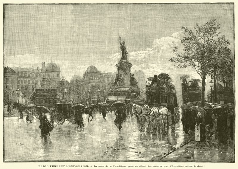Paris under utstillingen, Place de la Republique, avgangspunkt for bilene til utstillingen, på en regnværsdag (gravering) av French School