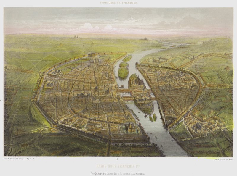 Paris Under Francois 1st, Generelt sett fra et fugleperspektiv fra gamle planer og tegninger (farge litho) av French School