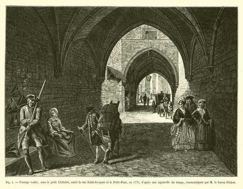 Hvelvet passasje, under Petit Chatelet, mellom Rue Saint-Jacques og Petit-Pont, i 1770, etter en datidens akvarell, formidlet av M le Baron Pichon av French School