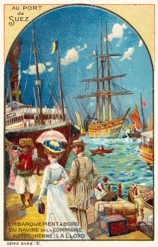 Passasjerer som går ombord på et skip av den østerrikske Lloyd-linjen ved havnen i Suez, Egypt (chromolitho) av French School