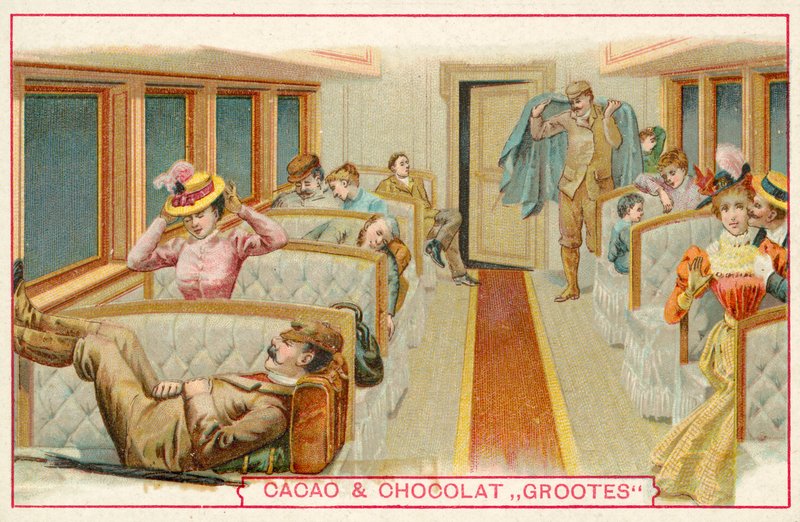 Passasjerer i en jernbanevogn (chromolitho) av French School