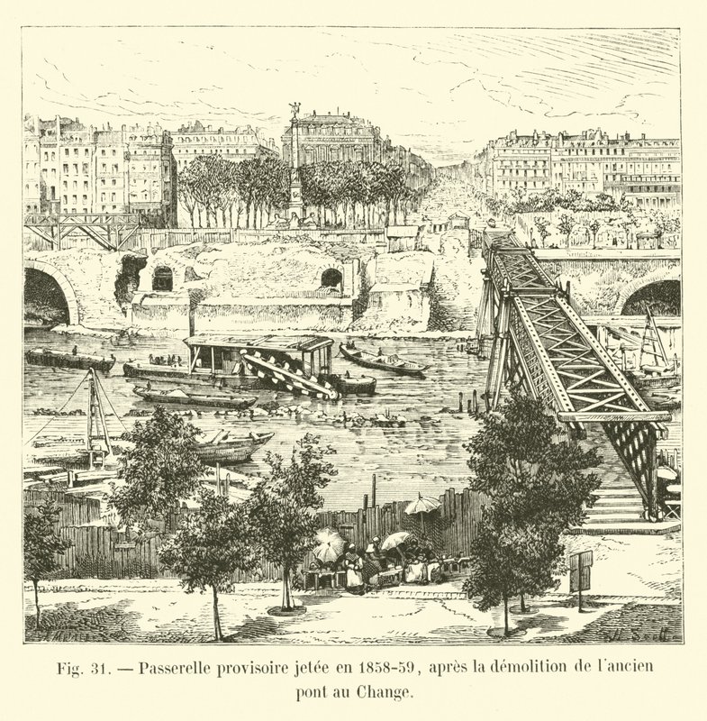 Provisorisk gangbro kastet i 1858-59, etter rivingen av den gamle Pont au Change av French School