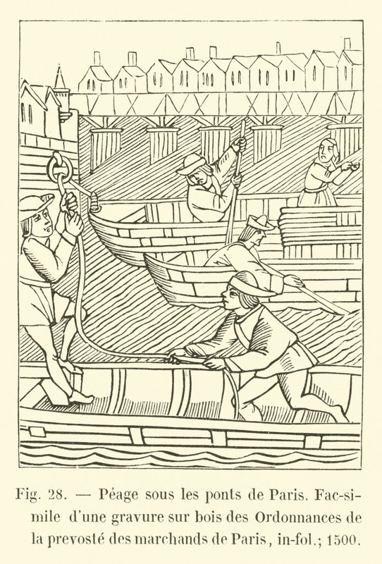 Peage sous les ponts de Paris, Faksimile av en tregravering av Ordinances of the prevoste of the kjøpmenn i Paris, in-fol; 1500 av French School