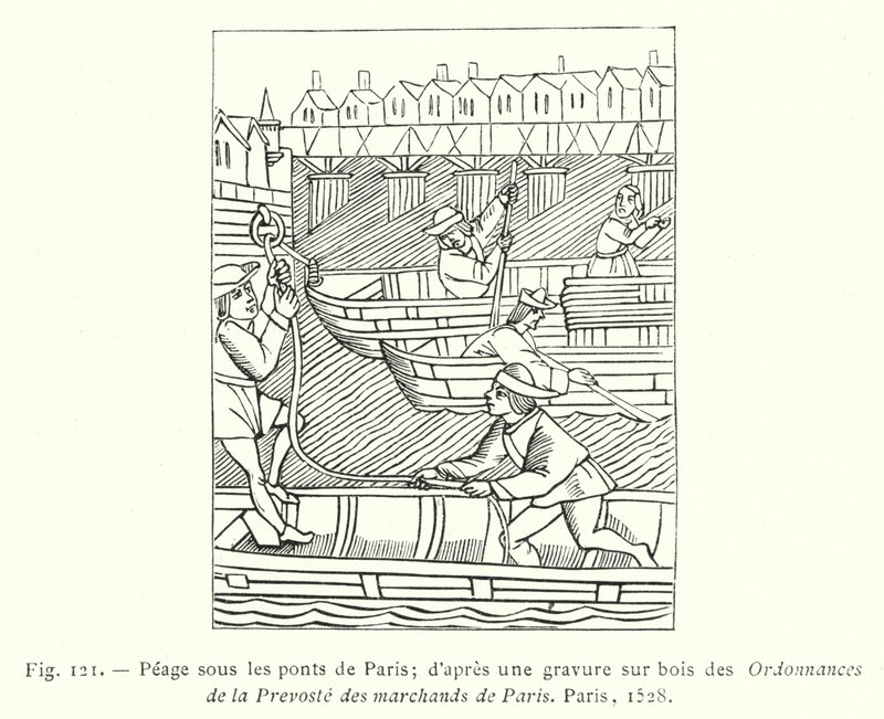 Peage under broene i Paris; etter en tregravering av Ordinances of the Prevoste des Marchands de Paris, Paris av French School