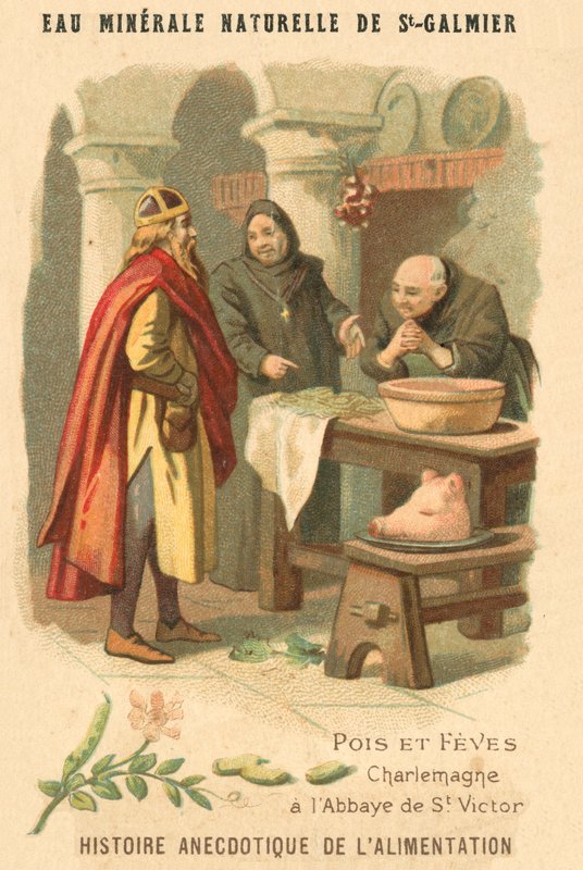 Erter og bønner: Karl den Store ved klosteret St Victor (chromolitho) av French School
