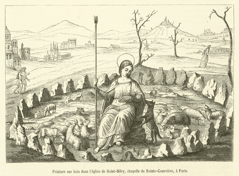 Maleri på tre i kirken Saint-Mery, kapellet Sainte-Genevieve, i Paris (gravering) av French School