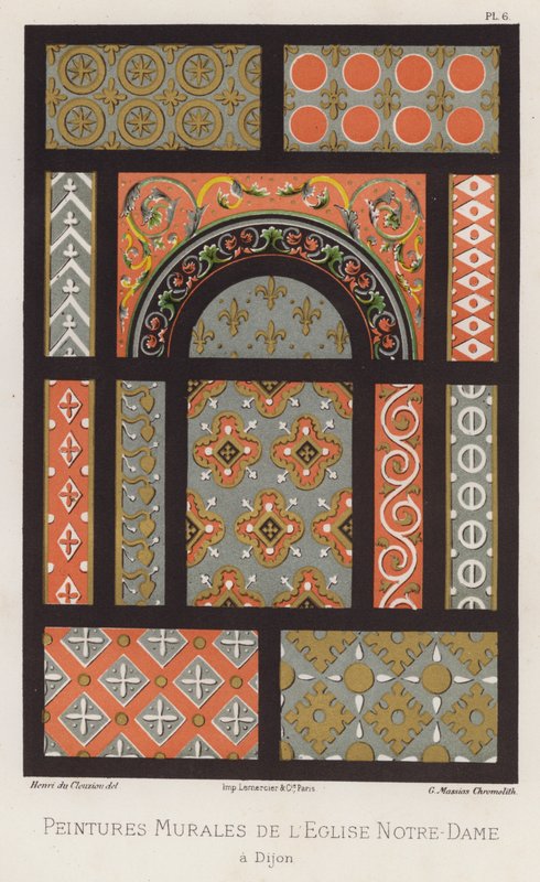 Veggmalerier av kirken Notre-Dame, i Dijon (farge litho) av French School