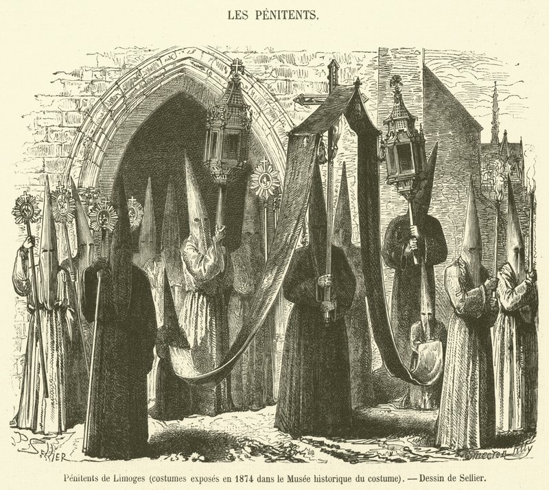 Penitents of Limoges, kostymer utstilt i 1874 i Historical Costume Museum (gravering) av French School